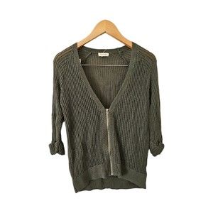 UO Silence + Noise Open Knit Cardigan Sweater Large Green Zip Front‎